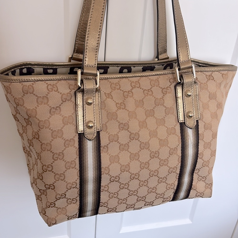 EUC [Gucci] Authenticated Monogram Canvas Jolicoeur Tote Handbag Beige w/ Gold - Picture 6 of 16